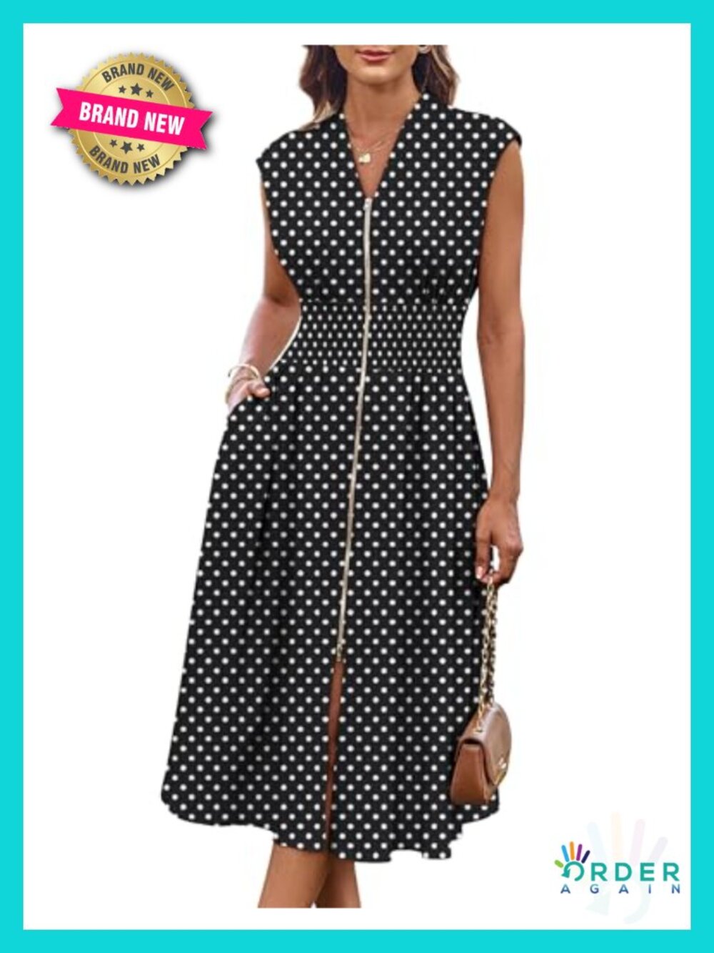 Womens Casual Work Dress Sleeveless Cap Sleeve Zipper Pockets Smocked Waist